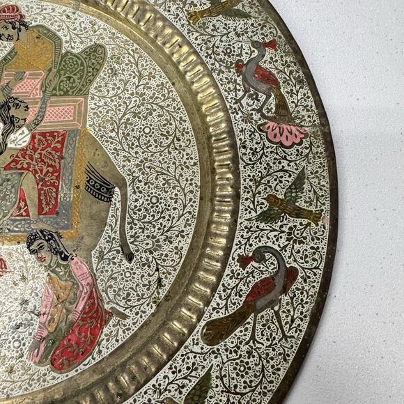 Vintage Copper Wall Decor of India's Royalty on Elephant Peacocks Birds Plate - Picture 2 of 7